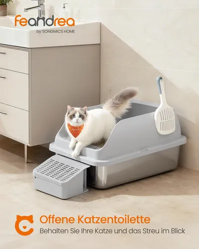 Feandrea Edelstahl Katzentoilette mit Trittstufe - Robuste Katzentoilette aus Edelstahl mit hohen Seitenwänden für sauberen Einsatz. Das offene Design erleichtert den Zugang und die Reinigung. Ideal für Katzen bis 15 kg und perfekt für Mehrkatzenhaushalte.