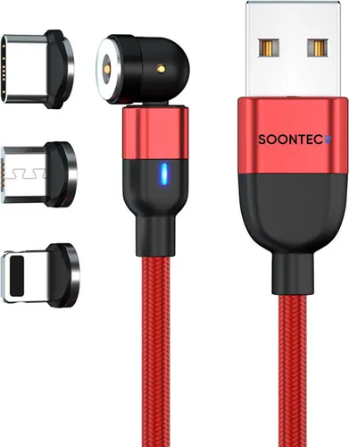 Magnet Ladekabel 3 Meter SOONTEC Magnetladekabel drehbar 360°&180° Micro USB/ USB-C/ Lightning 2.4A Ladekabel (Rot)