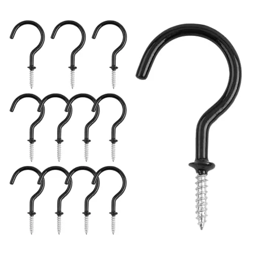 KINGLAKE Schraubhaken, Hakenschraube, Hakenschrauben, Deckenhaken, Wandhaken zum Schrauben, Cup Haken Schrauben, Zum Aufhängen von Schlüsseln, Tassen, Blumentöpfen-12 Stück / 7 x 2.7 cm Groß/Schwarz