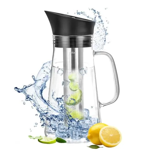 Wasserkaraffe aus Borosilikatglas 1,2 l – Wasserkrug aus Glas mit versiegeltem Deckel – hitzebeständige Karaffe – für Wein, kalten Tee und Säfte (transparent)