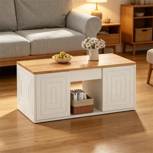 MODFU Höhenverstellbarer Couchtisch mit Staufächern in Weiß - Vielseitiger Wohnzimmertisch (46 x 95 x 45 cm) mit hydraulischer Höhenverstellung. Der elegante Kontrast zwischen Holz und Weiß schafft eine einladende Atmosphäre. Optimal für Snacks, Tees oder als Schreibtisch im Home Office.