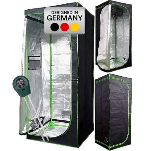 Mucola Gewächshaus Growbox Indoor Pflanzenzelt - Gewächshaus für Indoor-Zucht mit 95% Lichtreflektion und inkl. 3 in 1 Feuchtigkeitsmessgerät, ideal für gesundes Pflanzenwachstum.