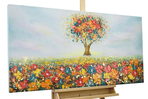 KUNSTLOFT Gemälde Feld der Facetten 120x60 cm - Handgemaltes Leinwandbild mit einem einsamen Baum, der in warmen Rot- und Orangetönen erstrahlt. Ideal für ein beruhigendes Ambiente in Ihrem Wohnzimmer.