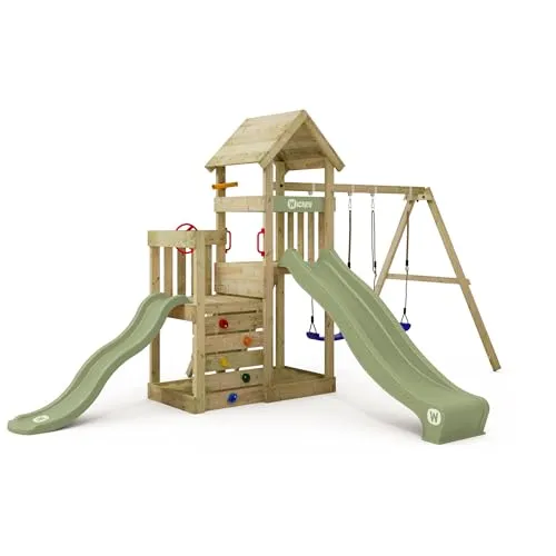 Wickey Klettergerüst SkyFlyer mit 2 Podesten, Rutschen & Doppelschaukel - Erlebe Abenteuer im eigenen Garten mit dem Wickey SkyFlyer! Dieser wetterfeste Spielturm aus massivem Holz bietet doppelten Spielspaß mit zwei Rutschen und fördert Bewegung und Motorik für Kinder jeden Alters.