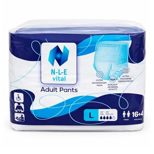 N-L-E Inkontinenz-Pants für Erwachsene L | 80 Stück | Hochziehbare Windeln mit 1000 ml Saugleistung - Praktisches 80er Vorteilspack – 4 Pakete mit je 20 Stück für den Alltag. Hohe Saugleistung und sicherer Auslaufschutz sorgen für ein angenehmes Tragegefühl. Ideal für Senioren und Pflegeeinrichtungen, mit geprüfter Qualität.
