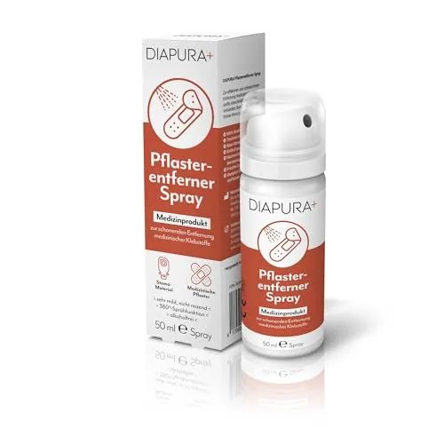 DIAPURA Pflasterentferner Spray, Pflasterlöser für die Haut, 50 ml | alkoholfrei, zur schmerzfreien Ablösung von Pflastern, Stoma, Sensoren, sehr gut hautverträglich, Über-Kopf-Sprühfunktion