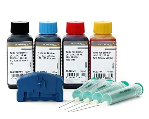 Komplettset Chipresetter mit 4 x 100ml Nachfülltinte, Druckertinte kompatibel für Brother LC-223, LC-225, LC-227, LC-229 Tintenpatronen, Brother DCP-J 4120, MFC-J 4420, J 4425, J 4620, J 4625, J 5320, J 5600, J 5620, J 5625, J 5720 Drucker, kein OEM