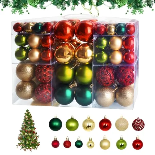 BBWELL Weihnachtskugeln Plastik, 100 Stück Christbaumkugeln Kunststoff Set, Weihnachtsbaumkugeln mit Aufhängeseil ∅ 3/4/6CM Grün, Gold, Rot für Weihnachtsbäume Krampf Girlanden Wandfenster