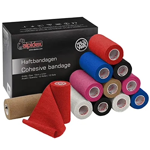 ALPIDEX 12 Rollen Haftbandage 10 cm x 4.5 m Selbstklebender Verband Pet Bandagen Fixierband Sport Vet Wrap Tape Selbsthaftend, Farbe:bunt