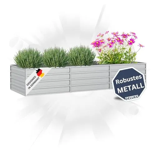 DELUKE Hochbeet für Garten Oskar Silber | 240x80x45cm | Verzinkter Stahl | Wetterfest | Gartenbeet Kräuterbeet Blumenbeet Beet hoch Frühbeet für Garten Gemüsebeet