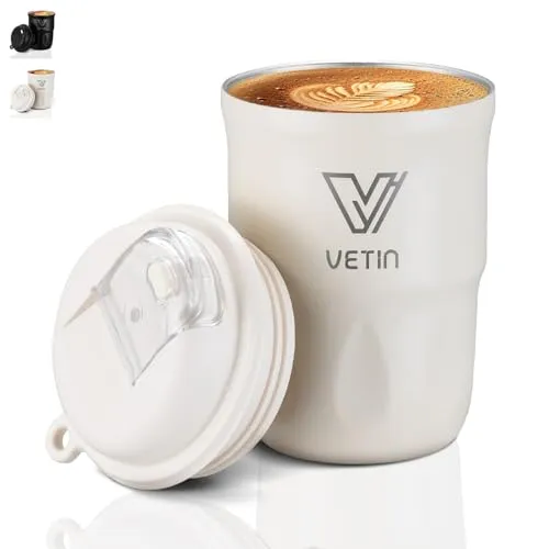 VETIN 320 ml Kaffeebecher to go Thermo aus 316 Edelstahl mit auslaufsicherem Deckel, Kaffee Thermobecher geeignet für Reisen und Auto-Getränkehalter