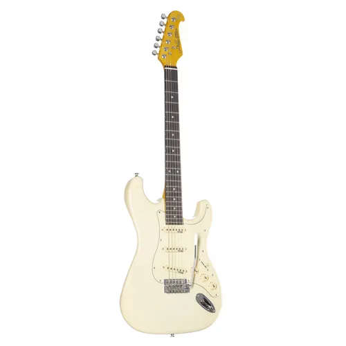 J & D E-Gitarre ST Vintage Ivory Cream – Klassische Klänge - E-Gitarre mit schlankem 'C' Halsprofil und Wilkinson Single Coils. Ideal für Einsteiger und Profis, bietet sie hervorragende Klangvielfalt und ein zeitloses Design in Ivory Cream.