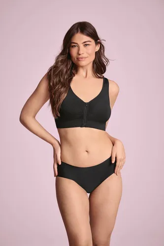 Anita Damen BH - Lynn, Vorderverschluss Care-BH, Mikrofaser Schwarz XL - Funktionsunterwäsche mit Bügellosem Design und Vorderverschluss, ideal für Komfort im Alltag und bei Sportaktivitäten wie Yoga oder Gymnastik.
