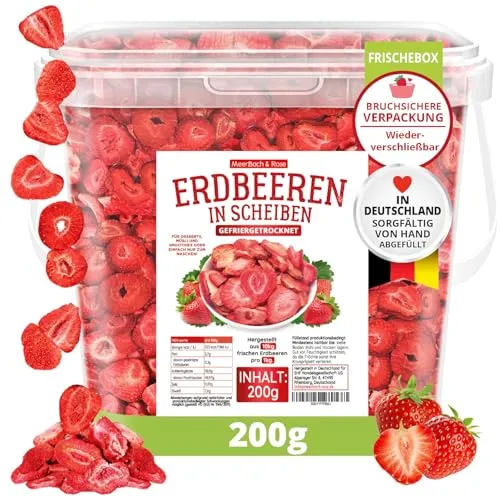 Gefriergetrocknete Erdbeeren 200g – 100% Frucht, ohne Zuckerzusatz – knusprige Erdbeerchips in SCHEIBEN – ideal für Müsli, Smoothie & Backen. Meerbach & Rose – Premium Qualität aus Deutschland.
