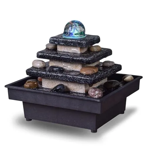 Innenbrunnen Kaskaden -Treppe Tempel Bunte Licht, entspannende Zen, Dekorationstischbrunnen, Geschenkidee, H 18x20x18 cm