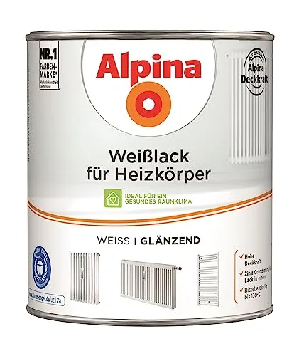 Alpina Weißlack für Heizkörper 2 Liter glänzend - Lacke, 2in1 Grundierung und Lack mit hoher Deckkraft, hitzebeständig bis +130 °C und schnelltrocknend, ideal für ein gesundes Raumklima, 2 Liter für ca. 26m², ausgezeichnet mit dem Blauen Engel.
