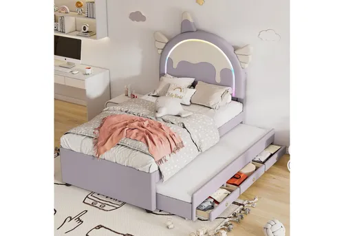 TavilaEcon Kinderbett Cartoon Einhornform Kinderbett Familienbett Jugendbett, PU, ausgestattet mit ausziehbares Rollbett, 90x200cm/90x190cm