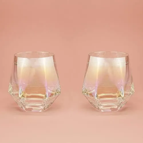 Winkee - Diamant Whisky-Gläser 2er Set | Aperitif Glas Diamant Form mit Regenbogen Effekt | Geeignet für Whisky, Mojito, Vodka, Brandy, Gin | Geschenk an Weihnachten, Muttertag, Geburtstag