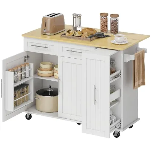 HOMCOM Kücheninsel Küchenwagen mit ausziehbarer Arbeitsplatte, Rollen, 2 Schubladen Küchenschrank mit 2 Soft-Close-Türe, 3-stufigem Ausziehfach, Handtuchhalter Servierwagen Rollwagen 129x65x91cm Weiß