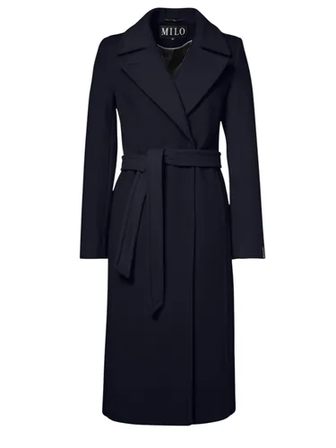 Milo Wintermantel Wanda – navyblau, Damen Größe 42 - Der elegante Damenmantel WANDA von Milo aus weicher Wollmischung mit Kaschmir-Anteil bietet Komfort und Stil. Der praktische Bindegürtel ermöglicht eine individuelle Anpassung der Passform.
