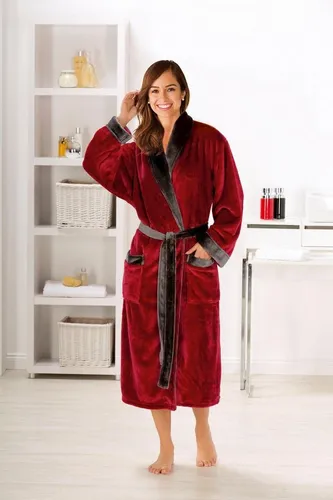 Gözze Bademantel Seiden-Feeling unise, rot, XL - Bademantel für Damen mit Schalkragen und Bindegürtel, aus 100 % Polyester Mikrofaser. Unübertroffen weich, warm und pflegeleicht – ideal für entspannte Abende.