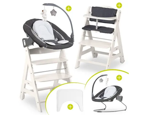 Hauck Hochstuhl Beta Plus White - Newborn Set Deluxe, Holz Babystuhl ab Geburt, Aufsatz für Neugeborene, Sitzkissen, Tisch