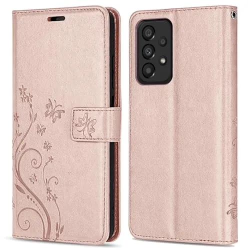 betterfon Hülle Kompatibel mit Samsung Galaxy A53 5G | Premium PU Leder Handyhülle Wallet Case für Galaxy A53 5G | Schutzhülle Blumen Klapphülle Handyhülle | Rosegold