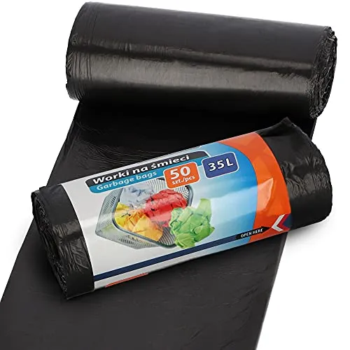RAVI Müllbeutel, 35L, 50 Stück, Schwerlast Beutel, reißfeste Abfallsäcke, Säcke aus resistenter HDPE-Folie, Müllsäcke für Küche, Garage, Abfallbeutel aus wasserresistenter Folie, schwarz