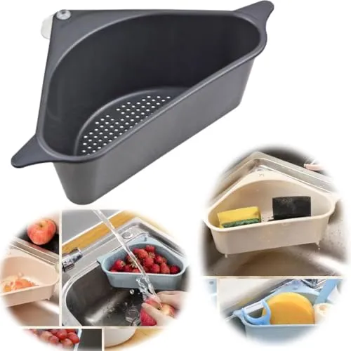 LS-LebenStil Spülbecken Organizer 28cm Grau Dreieck Abtropfsieb mit Saugnapf Schwammhalter Abflusskorb Dreicksieb Ecksieb Eckspüle Spülbecken Küchenspüle Waschbecken