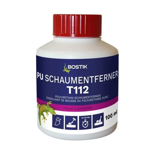 Bostik T112 PU Schaumentferner 100ml Dose - Hochwirksames Reinigungsmittel für PU-Schaumrückstände, ideal für verschiedene Oberflächen. Mit praktischem Applikator für einfache Anwendung.