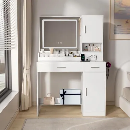 OCTTZ Schminktisch mit Spiegel und LED-Beleuchtung, Frisiertisch Weiß mit Steckdosen, Kosmetiktisch Holz mit Haartrocknerständer, Moderner Schminktisch Set für Wohnzimmer Schlafzimmer