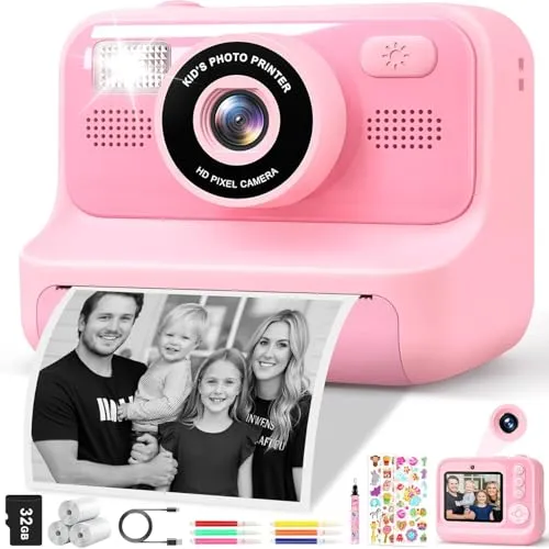 Gontence Kinderkamera Sofortbildkamera, 2,4-Zoll Selfie Kamera mit 32GB Karte | 3 Rollen Fotopapier, 1080P Kinder Kamera, Spielzeug Geschenke mädchen Junge Digital Schwarz(Rosa)