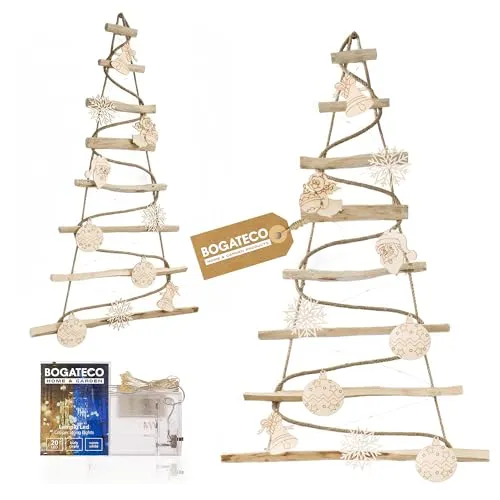 BOGATECO Handgemacht Weihnachtsbaum 95 cm hoch mit Dekorationen, aus Haselnussholz | Deko Anhänger | mit 200 cm LED-Leuchten | Holzplatten verbunden mit einem Juteseil mit Einer Dicke von 6 mm