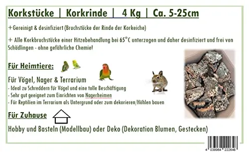 Korkstücke 4KG | Korkrinde | Ohne Chemie gereinigt und desinfiziert- Nur mit Hitze | Korkbruch 5-25cm Naturprodukt - Unikate | Ideal für Vögel (Knabberspaß), Nager, Terrarium (Einrichtung), Deko, uvm.