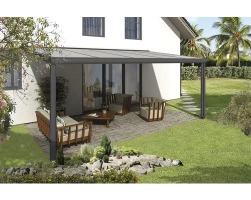 Terrassenüberdachung Genua 541 x 257 cm Aluminium Anthrazit - Hochwertige Terrassenüberdachung aus pulverbeschichtetem Aluminium, 541 x 257 cm, mit integrierter Regenrinne und UV-reflektierenden Polycarbonat-Doppelstegplatten für optimalen Wetterschutz.