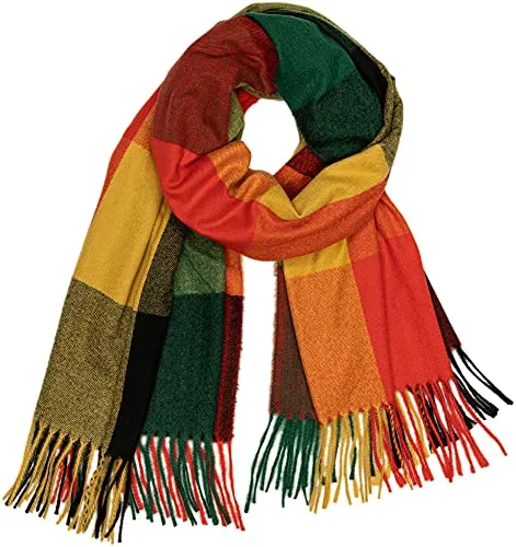 Caspar SC510 Damen großer XL Fransen Karo Muster Winter Schal, Farbe:grün orange gelb, Größe:One Size