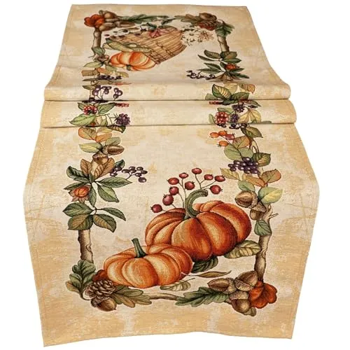 Tischläufer Herbst 45 x 140 cm mit gewebtem Kürbismotiv Gobelin-Art - Tischdeko für Küche & Tisch