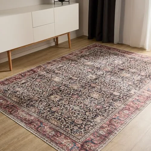 benuta Basic Waschbarer Teppich George - Multicolor/Rot 60x120 cm - Teppich mit modernem Vintage-Design, pflegeleicht und maschinenwaschbar bei 30°. Ideal für Wohnzimmer und Schlafzimmer, mit rutschfester Rückseite für sicheren Halt.