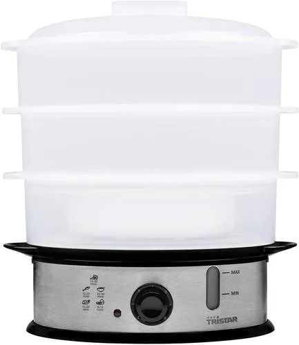 Tristar VS-3914 Dampfgarer Edelstahl, Schwarz - 3-lagiger Dampfgarer für gesundes Kochen, bewahrt Form und Geschmack von Fleisch, Fisch, Gemüse und mehr.