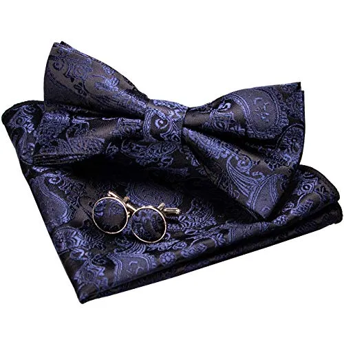 JEMYGINS Dunkelblau Paisley Fliege und Einstecktuch mit Manschettenknöpfe Sets für Herren (Dunkelblau)