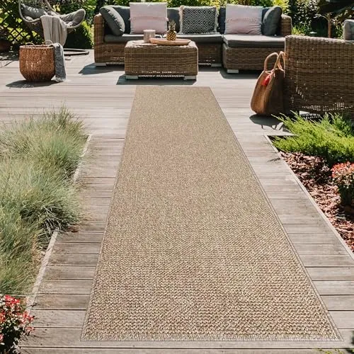 Teppich-Traum In- & Outdoor Läufer lang Flur Küche Balkon robust pflegeleicht wetterfest strapazierfähig Flechtoptik Beige 80 x 250 cm