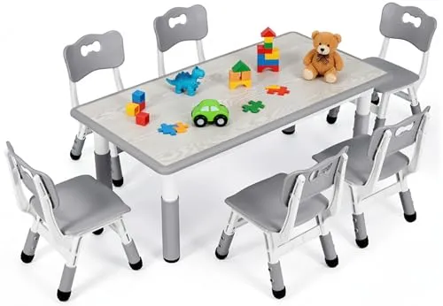 MAMIZO Kindertisch Packung mit 6 Stühlen, Kindertischgruppe Höhenverstellbar, Kinder Tisch Stuhl Set für Kindergarten und Kinderzimmer, Plastik Kindermöbel, Sitzgruppe Jungen Mädchen ab 2 Jahre, Grau