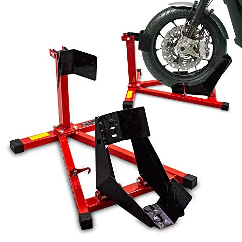 BITUXX® Motorrad Montageständer Wippe für Vorderrad - Robuster Motorradständer mit praktischer Wippe, passend für Vorderräder von 17-21 Zoll. Ideal für Wartung und Transport, aus hochwertigem Stahl in Rot/Schwarz.