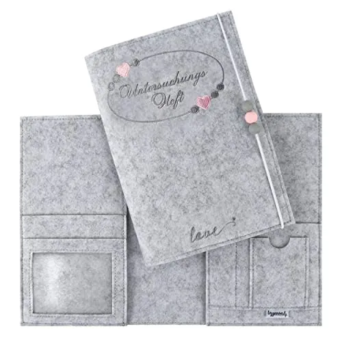 Lezzanna - Untersuchungsheft Hülle - U-Heft für Kinder – Gelbes Vorsorgeheft aus Filz – Impfpasshülle - Schutzhülle - Geschenk für werdende Mütter, zur Geburt oder Taufe (Hellgrau rosa)