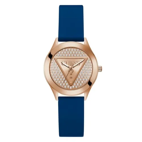 GUESS P RS GLD CS/Sun RS GLD Glitz DL W/P RS GLD Logo/Blue SMTH Silicone STRP, Rose Gold, Armband