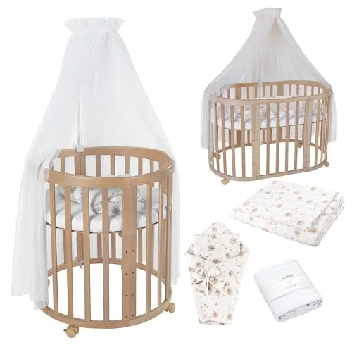 Ovales Babybett aus Buche, Natur, Weiß & Braun - Mitwachsendes Babybett aus FSC-zertifiziertem Buchenholz, 5-fach verstellbare Bodenhöhe, ideal als Beistellbett oder Laufstall. Inklusive Sicherheitsgurt und 3-teiligem Matratzen-Set.