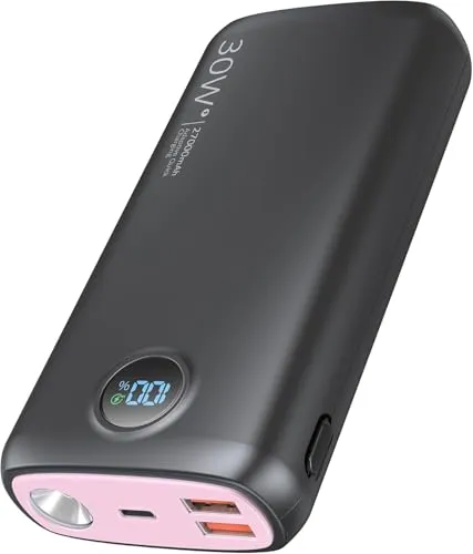 Power Bank 27000mAh 30W Powerbank Schnellladefunktion PD3.0 QC4.0 USB C | Externe Handyakkus USB C Externer Akku mit 3W Taschenlampe LED Display für iPhone 17/16/15/14/13/12 Pro Samsung Tablets iPad