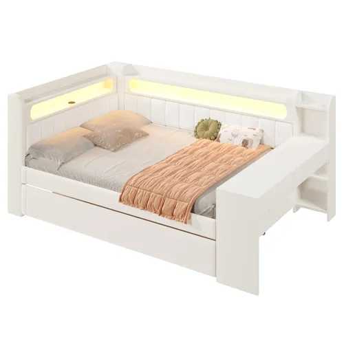 Schlafsofa mit LED-Beleuchtung, Schreibtisch und Ausziehbett, 140x200cm - Weiß - Vielseitiges Schlafsofa mit LED-Beleuchtung, ideal für Gästezimmer oder Jugendzimmer. Inklusive Schreibtisch und komfortablem Ausziehbett für zusätzlichen Schlafplatz. Modernes Design und einfache Montage.