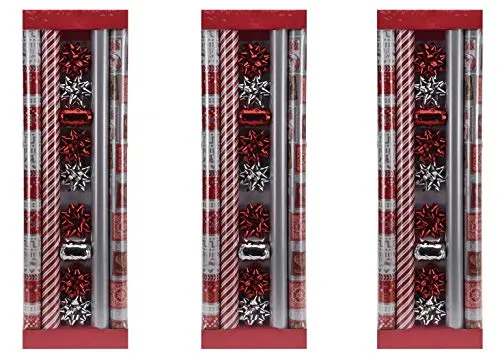 made2trade 3X 13-teiliges Geschenkpapier-Set - Rot-Silber - Vollständiges Set für edles Verpacken Ihrer Weihnachtsgeschenke: 4 Rollen (200x70cm), 7 Schleifen und 2 Bänder. Hochwertiger Druck und knickfreies Papier sorgen für ein angenehmes Verpacken.