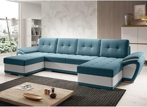 MODERNO Wohnlandschaft Sofa mit Schlaffunktion ENZO U - Sofa U-Form mit Bettkasten - Modern Ecksofa Schlafcouch - Steppsofa Zweifarbig - Türkis-Weiß